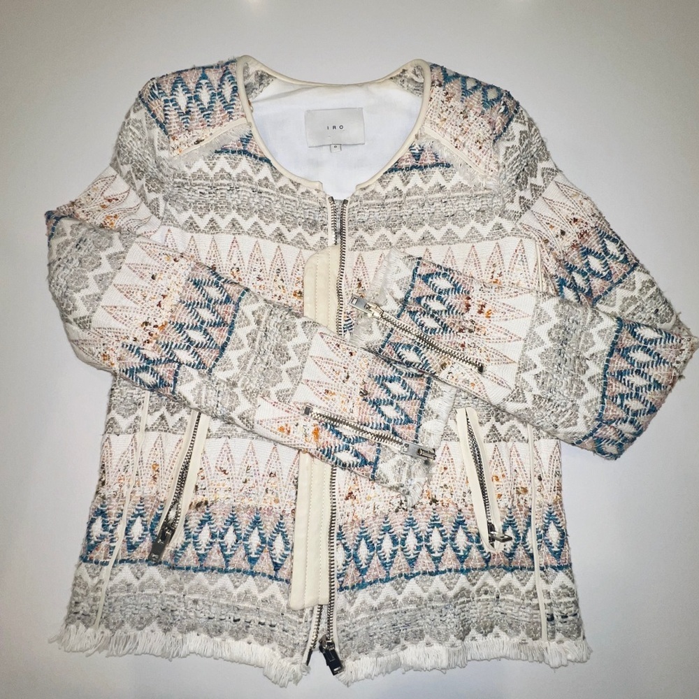 IRO 'Blaze' Tribal Tweed Fringe Diamond Zig Zag Jacket - Picture 3 of 11